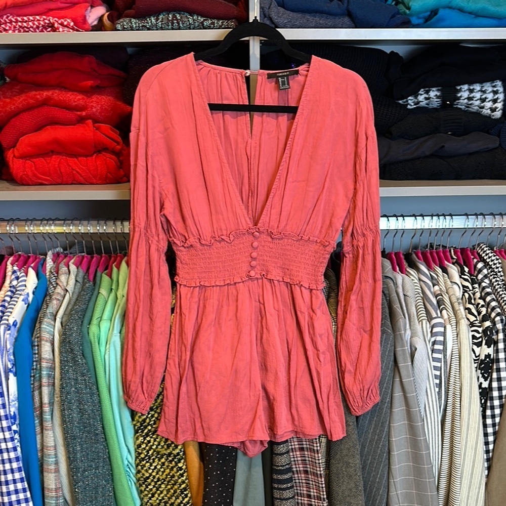Forever 21 mauve long sleeve b neck smocked waistband romper size S